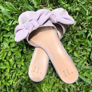 Lavender mules with bow and kitten heel